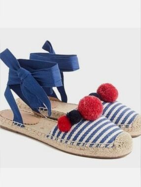 NEW J. Crew Ankle-Wrap Pom Poms Espadrilles Sandals Sz 6
